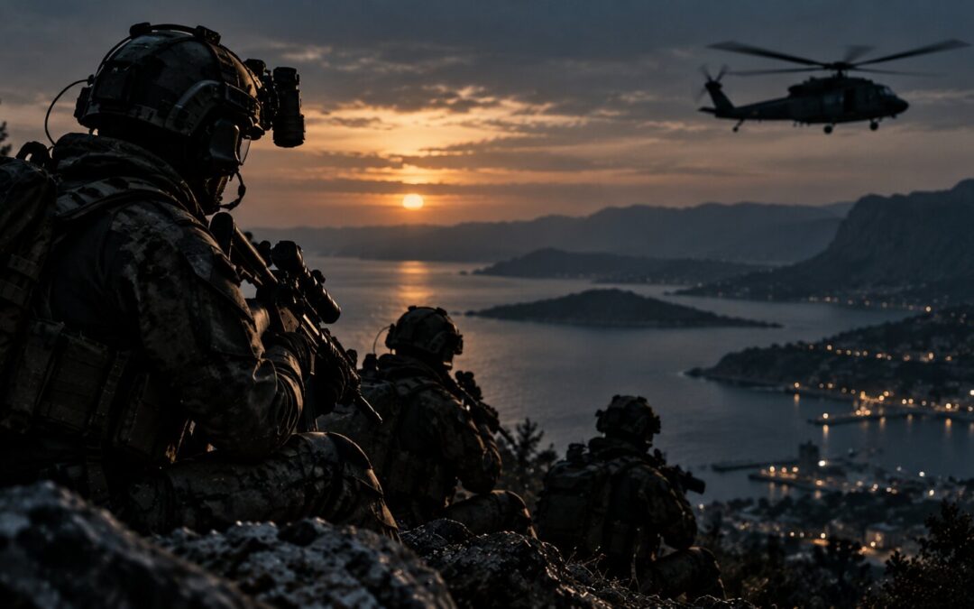 Operatori in assetto da combattimento appostati su un costone roccioso al crepuscolo