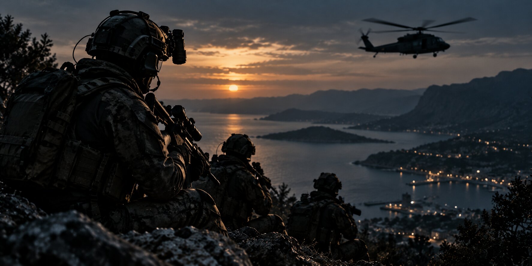 Operatori in assetto da combattimento appostati su un costone roccioso al crepuscolo, con un elicottero sopra la costa