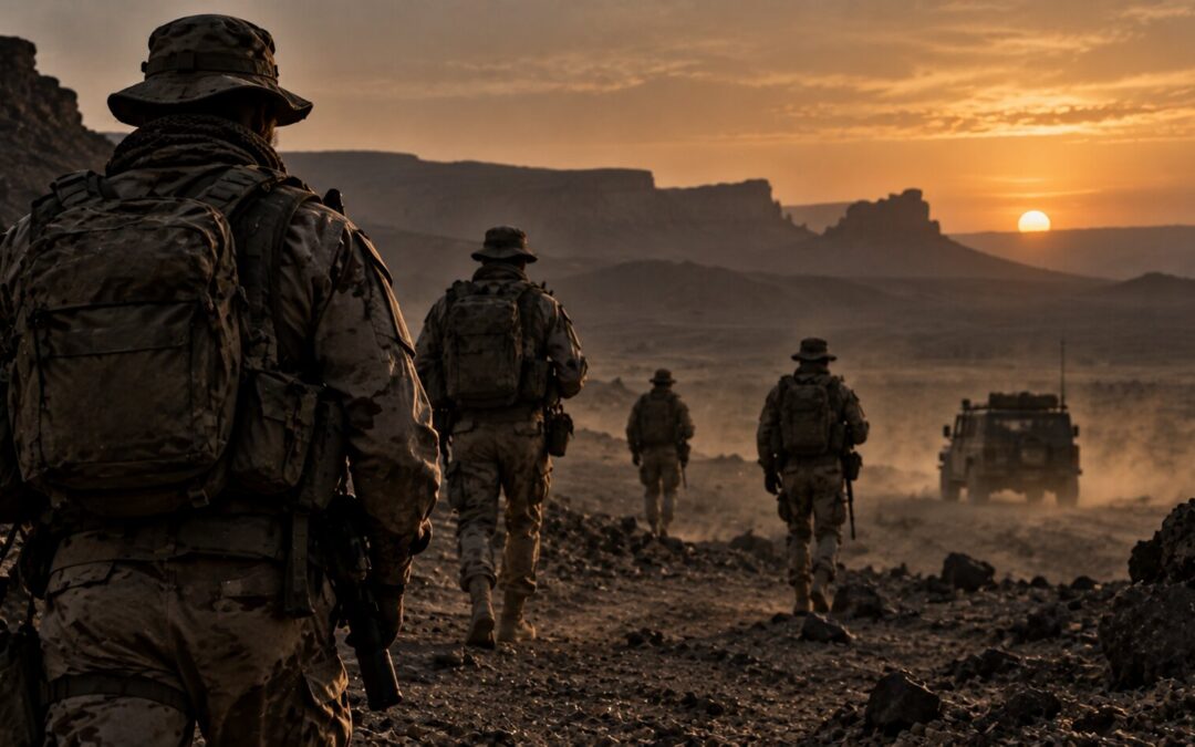 Colonna di soldati in marcia in un deserto roccioso al tramonto, ripresi di spalle, con un veicolo militare sullo sfondo