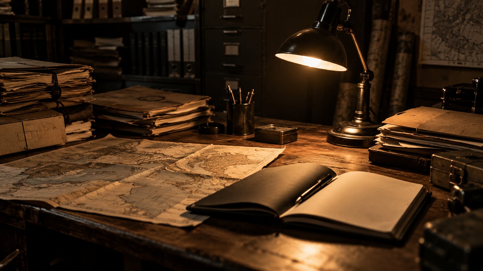 Dossier Thriller &mdash; scrivania d&rsquo;archivio con fascicoli e carte militari