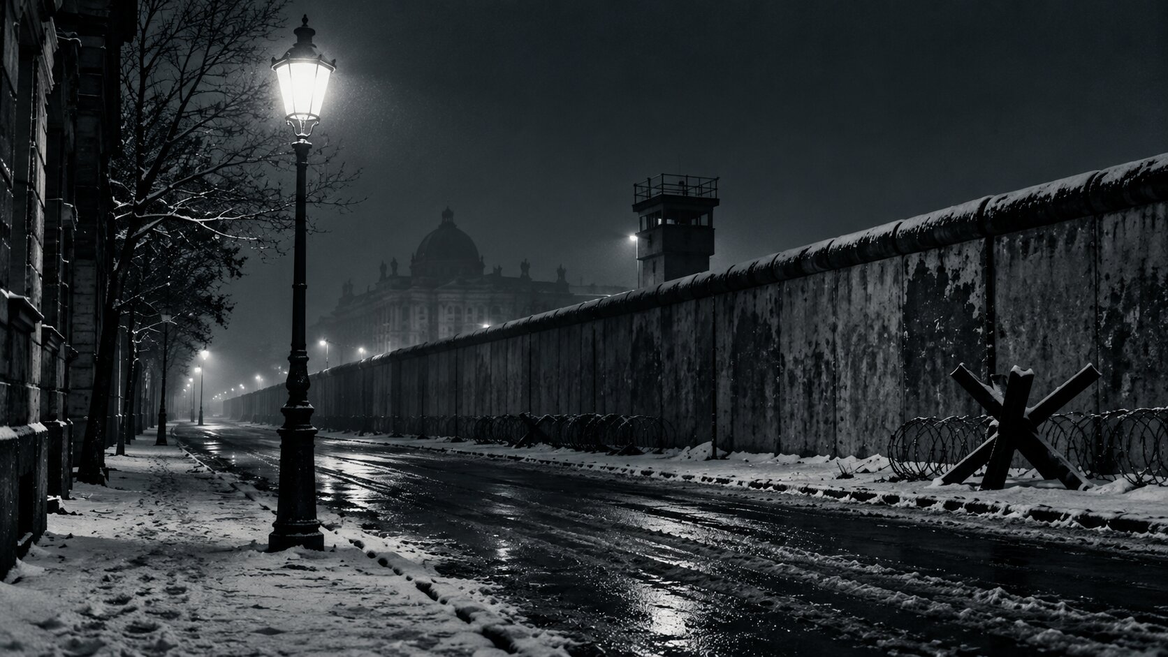 Strada di Berlino Est innevata di notte con un lampione solitario e un muro di cemento