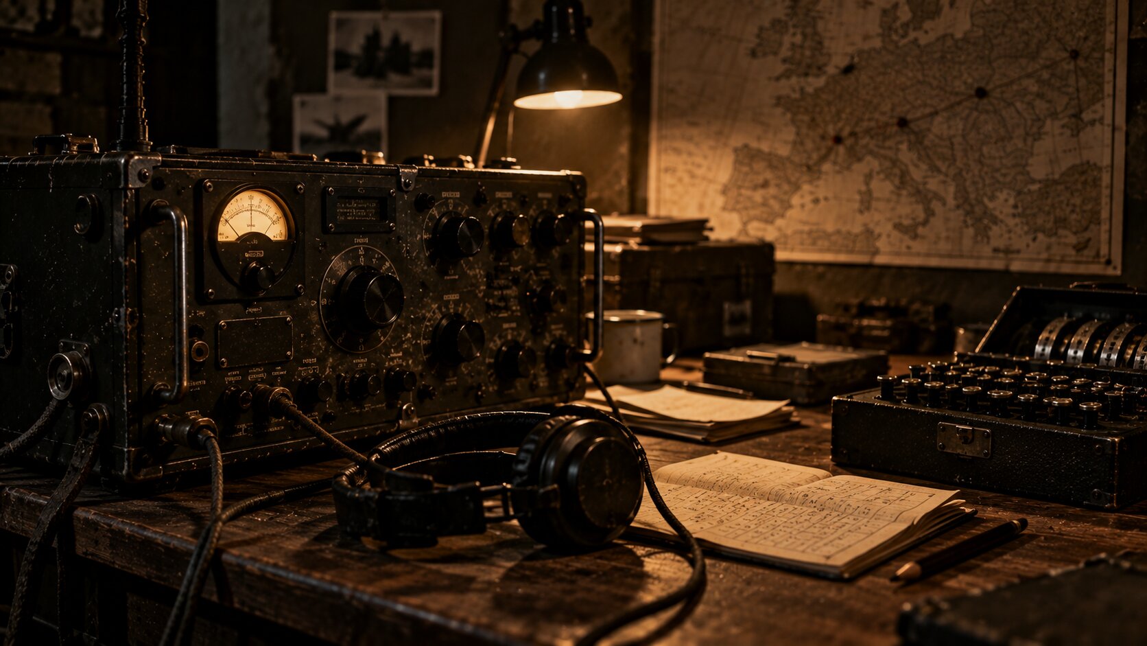 Radio ricetrasmittente d&rsquo;epoca su un tavolo di legno con cuffie e cifrario