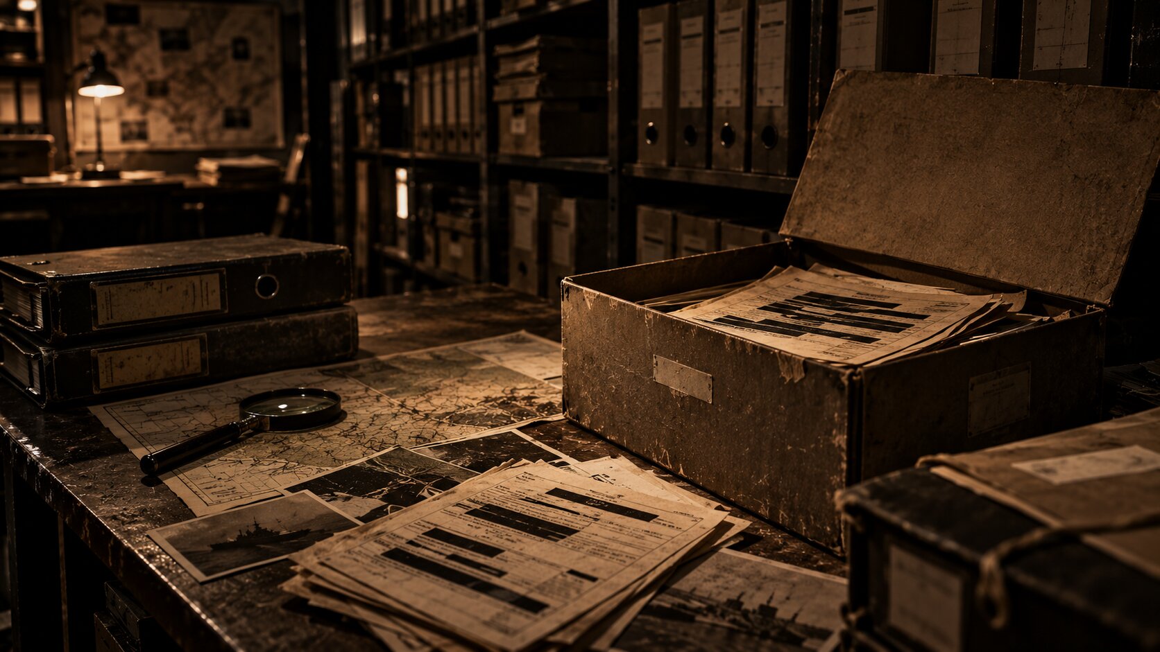 Archivio di faldoni impolverati con una scatola aperta e fogli anneriti dal pennarello