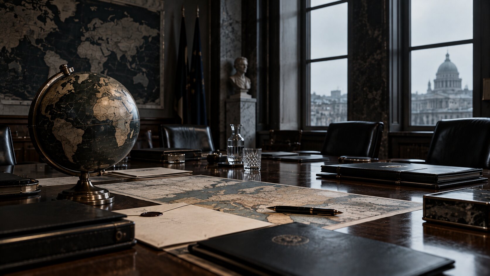 Mappamondo e carte diplomatiche sul tavolo di una sala riunioni vuota