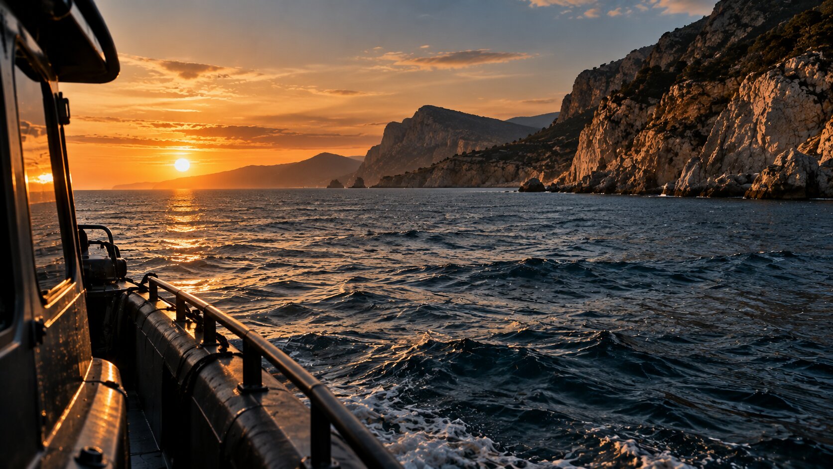 Costa mediterranea rocciosa al tramonto vista dal ponte di un’imbarcazione
